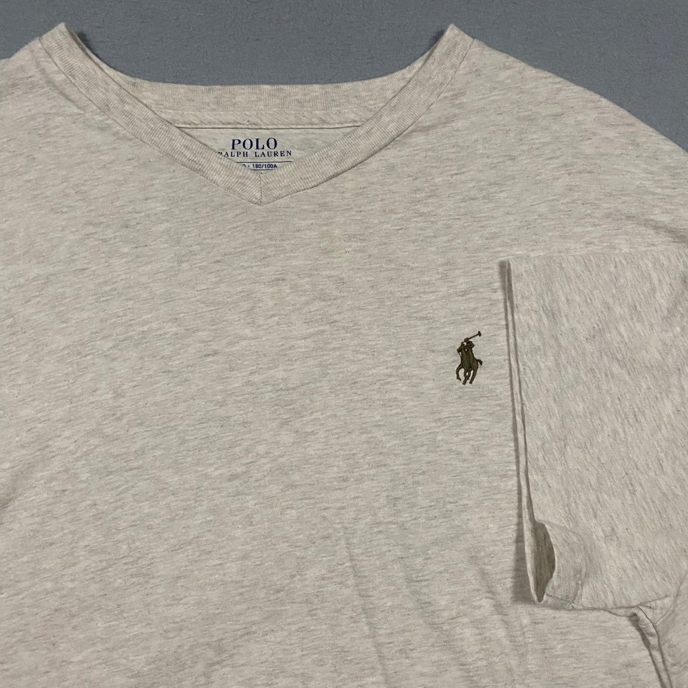 Polo Ralph Lauren Mens Large V-Neck T-Shirt Classic Fit Heather Oatmeal Cotton